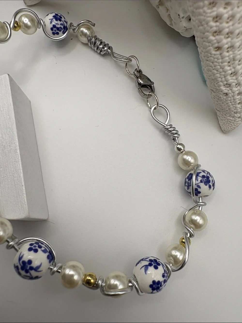 Pearl & Blue Floral Ceramic Bead Bracelet